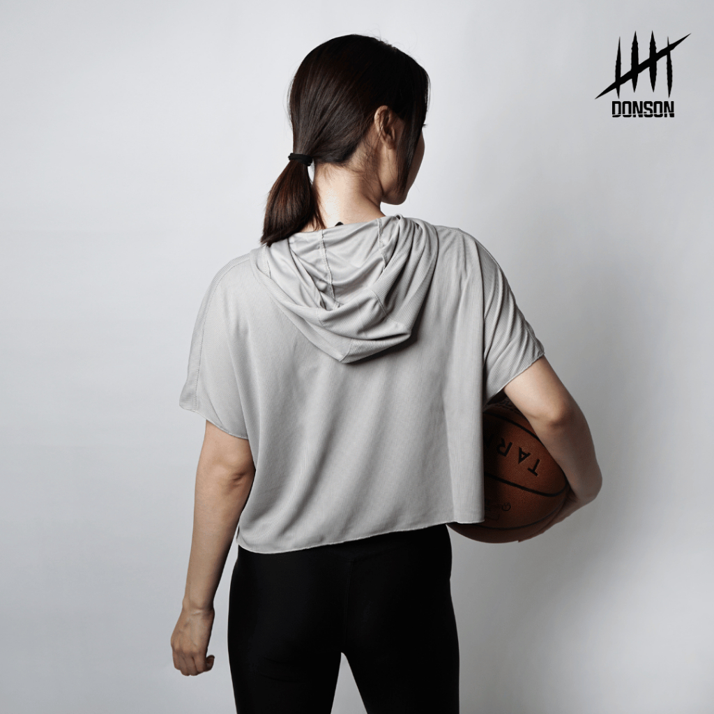 DONSON Hoodie Lengan Pendek Luaran Atasan Crop Wanita Warna Grey