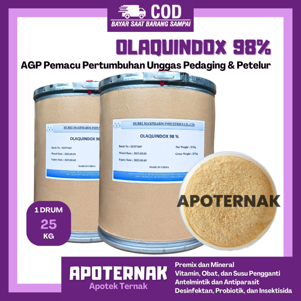 OLAQUINDOX 98% 25 KG - AGP Broiler Ayam Pedaging Layer Petelur Babi Pemacu Pertumbuhan