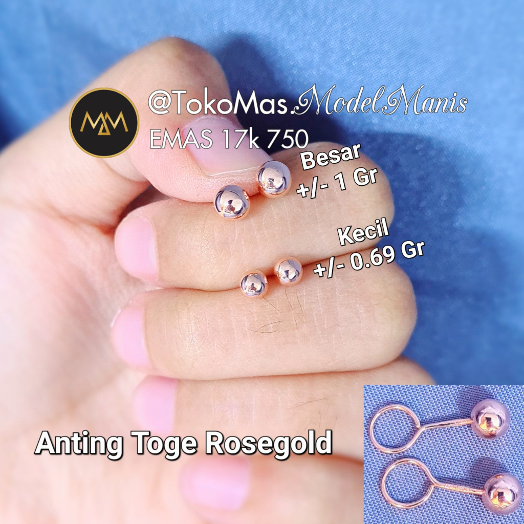Anting toge bola emas rosegold 750 kadar 17k