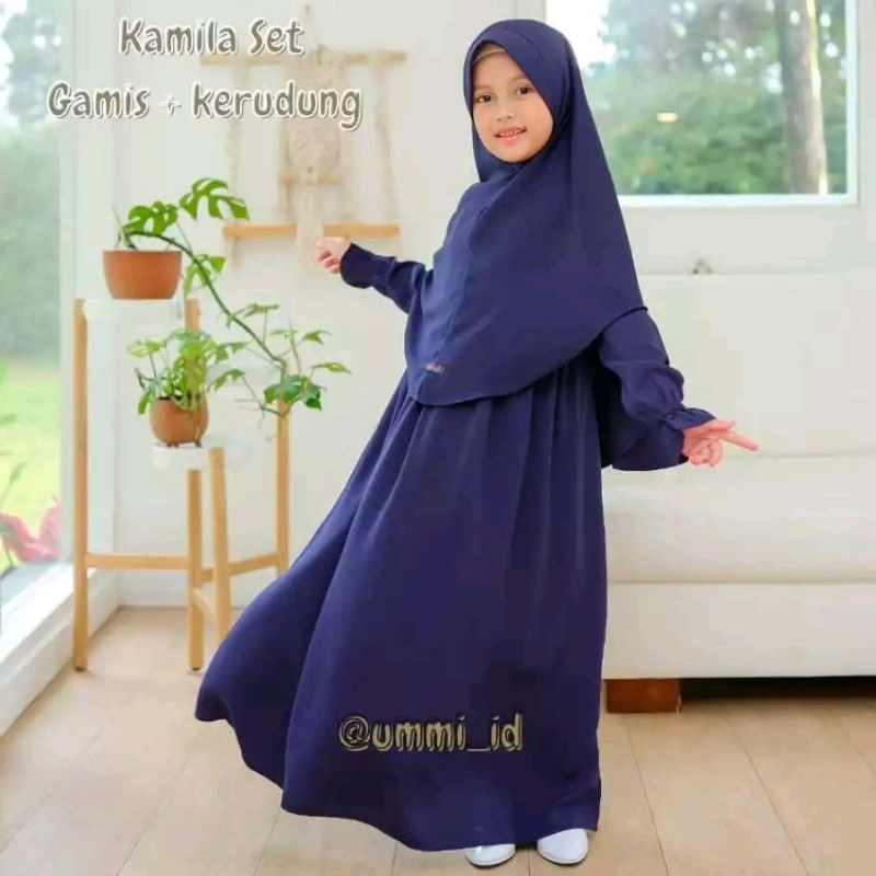 Setelan Gamis Syar'i Anak Perempuan Kamila Set Warna Biru Navy usia 3 sampai 11 Tahun Bisa COD