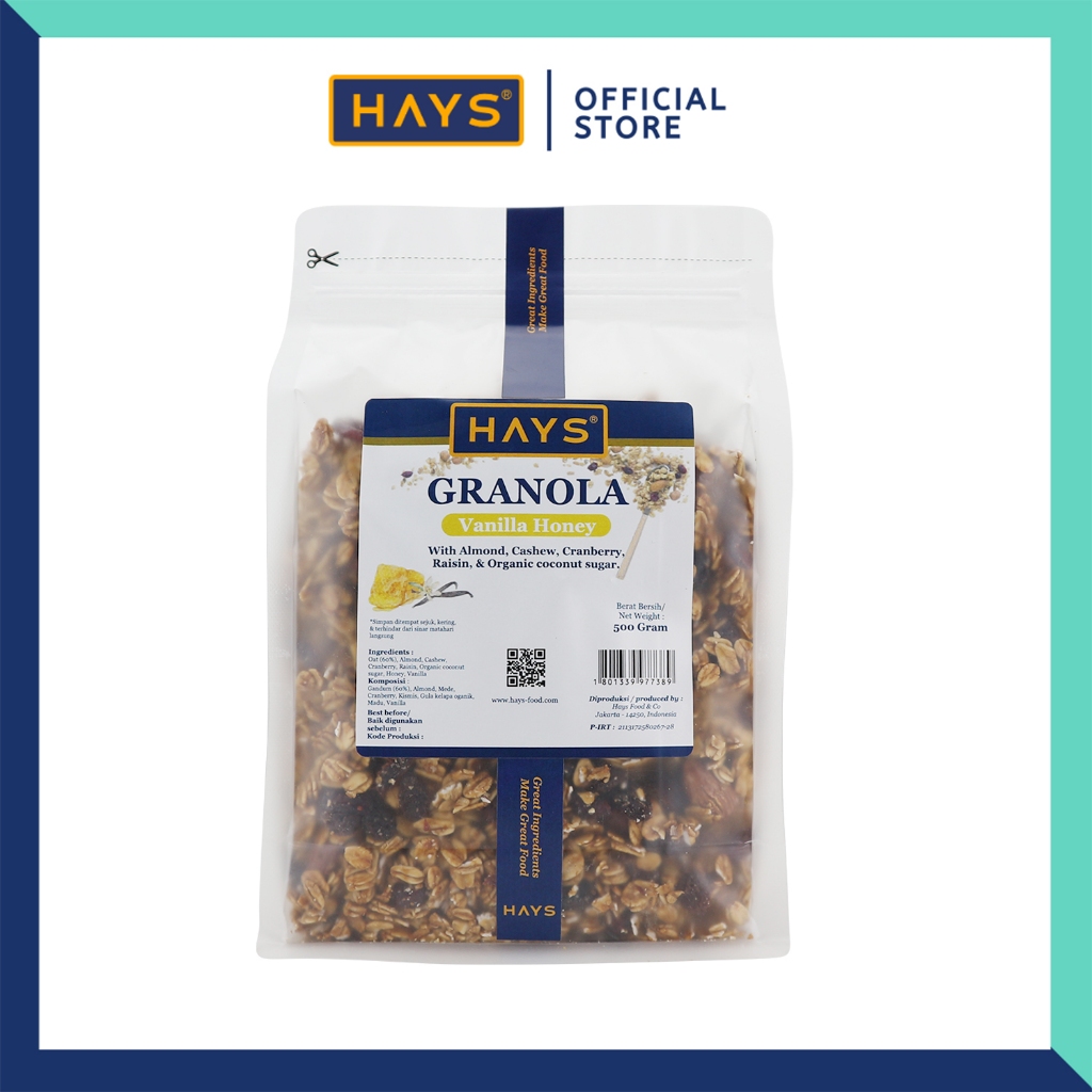 

HAYS Granola Vanilla Honey 500 Gram / Granola Vanilla Madu Dengan Almond Mete Cranberry Raisin Organic Coconut Sugar