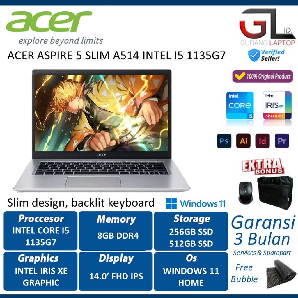 Laptop Acer Aspire Slim 5 Intel Core i5 Gen11 1135G7 RAM 8GB SSD 512GB gold Windows 11 Original
