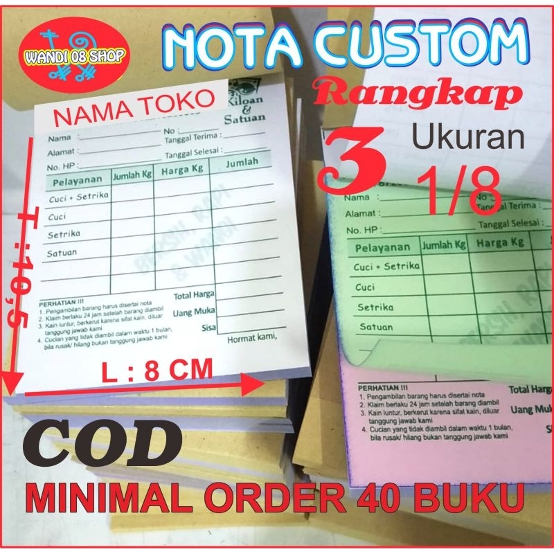 

nota laundry custom ,3 ply ukuran 1/8 ( mini ) 8 x 10,5 cm.isi 25 set