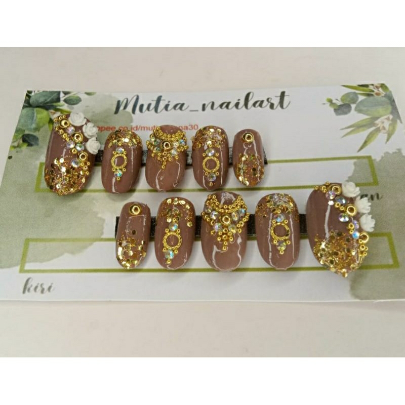 Kuku Palsu Coklat Milo motif 310 / Kuku oval / Free lem gel & cair/ wedding fake nails