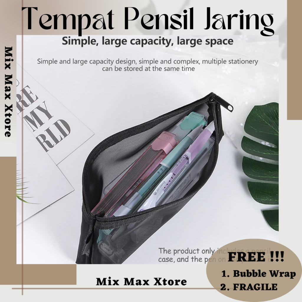 

Tempat Pensil Jaring Mesh Pencil Case Zipper Storage Kotak Pensil - Black
