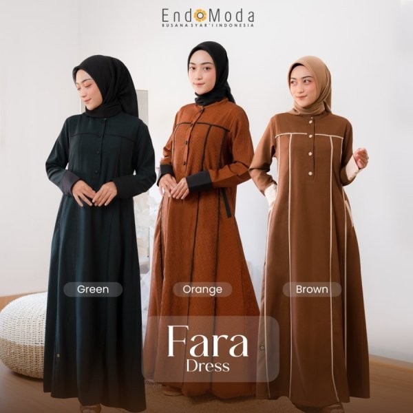 Endomoda-Fara Dress Brown-Green-Orange Interlist Gamis Wanita Dewasa Simpel Baju Muslimah Akhwat Rem
