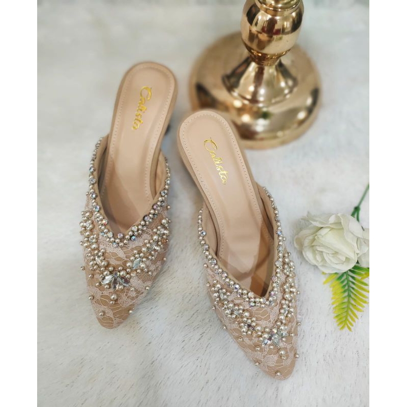 Selop pengantin wanita |Selop wisuda|Selop pengantin murah|Selop pesta|Sendal flat wanita murah