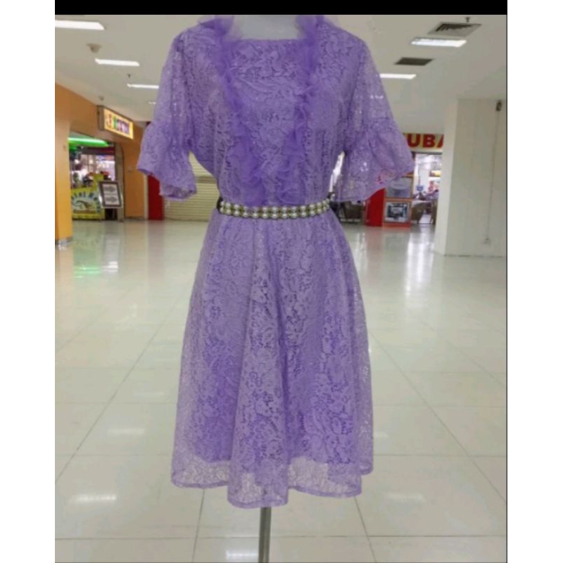 2170 5040 MIDI DRESS FULL BROKAT GLITER LENGAN 7/8 TEROMPET DAN BALON WARNA KHUSUS UNGU LILAC LD 95-