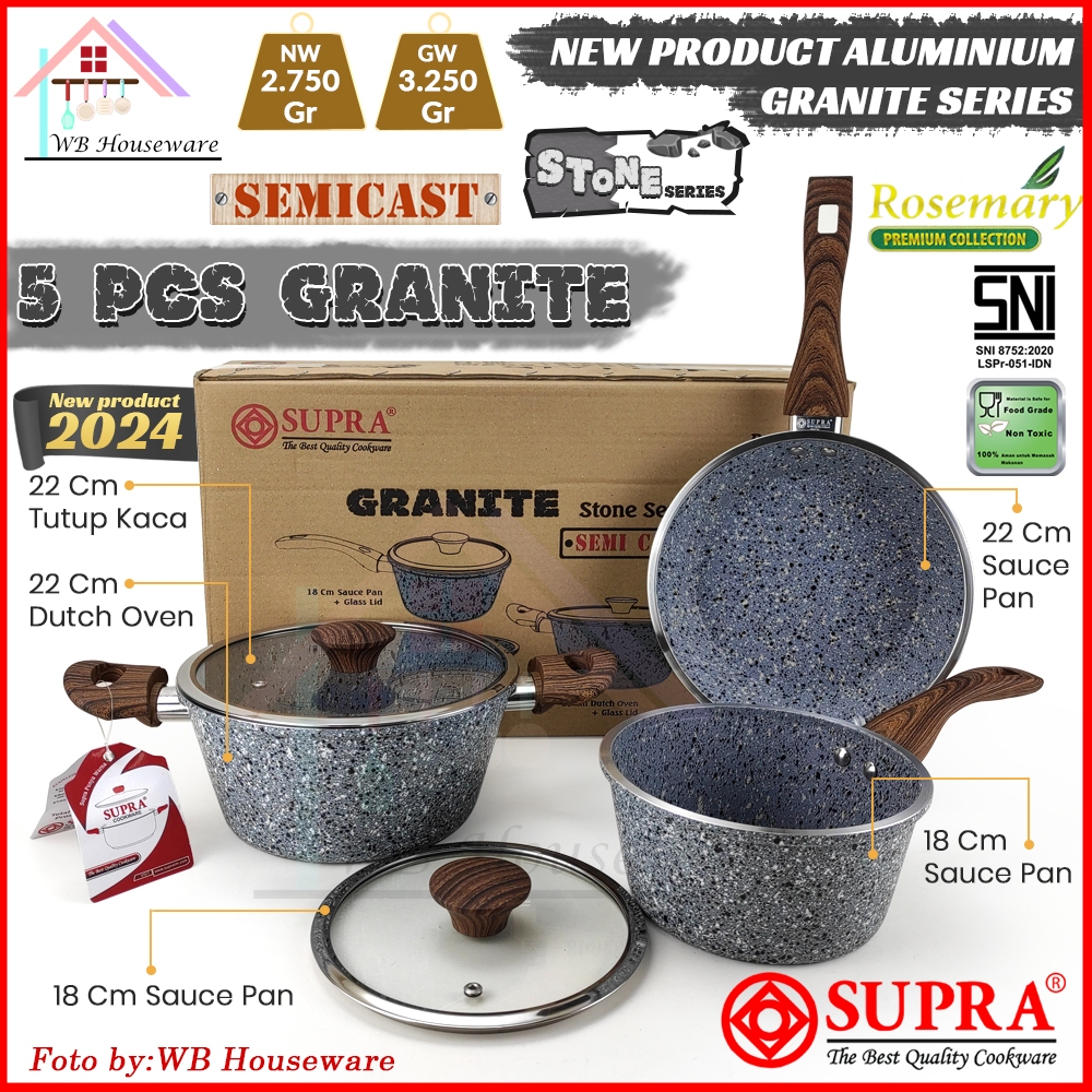 SUPRA 5pcs panci set granite stone series with lid anti lengket / panci wajan masak penggorengan