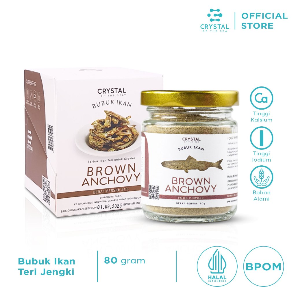 

CRYSTAL OF THE SEA Brown Anchovy Bubuk Ikan Teri Jengki Halal BPOM 80GR Serbuk Tabur Food Powder Kaldu MPASI 008