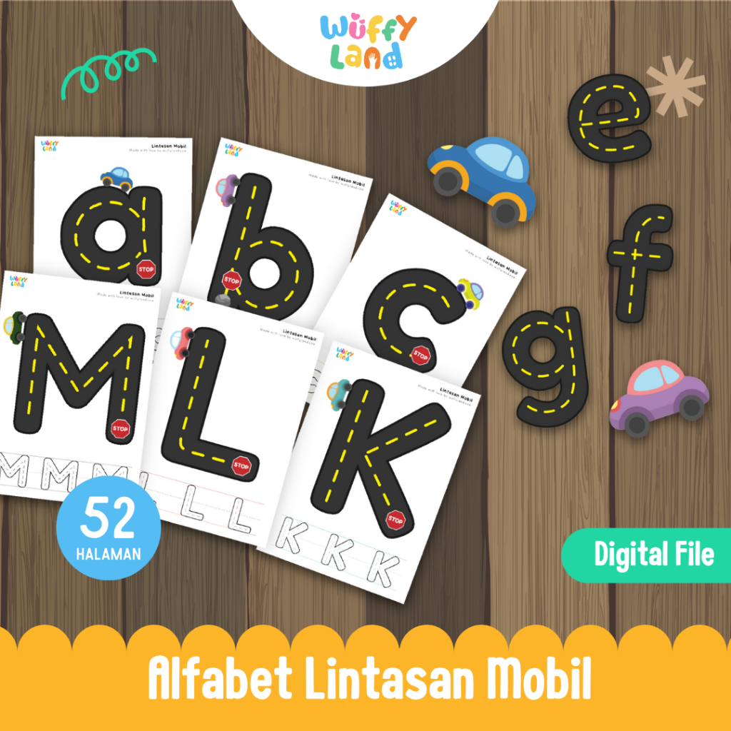 WUFFYLAND PDF Printable Belajar Anak Tema Alfabet Lintasan Mobil Pra Menulis Untuk Usia 3 4 5 Tahun