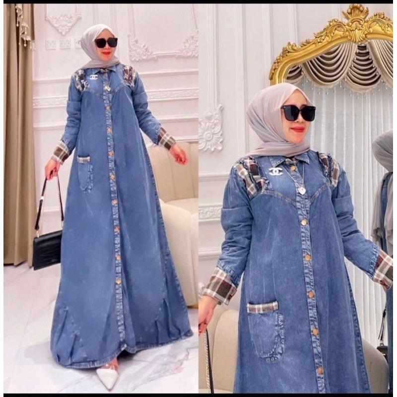 Gamis full jeans mix flanel by Widie