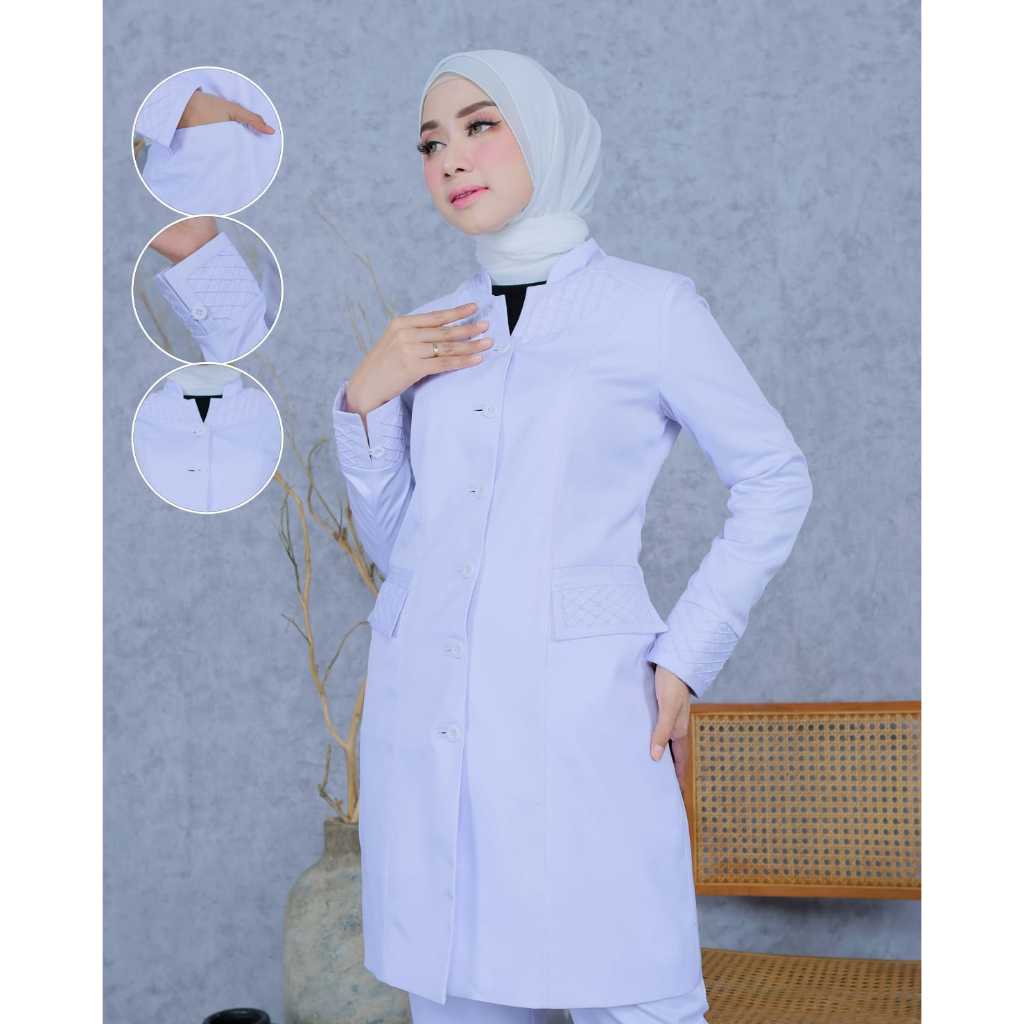 Baju Kerja Tunik Putih Stik Kotak Perawat Wanita Katun Set Rok Span/Rok.A/Celana panjang Free Hijab