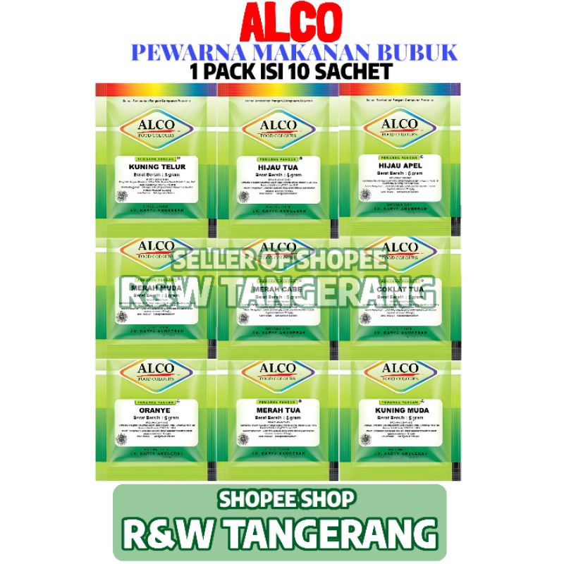 

Pewarna Makanan Minuman Kue Bubuk Alco 1 Pack Isi 10 Sachet 5GR