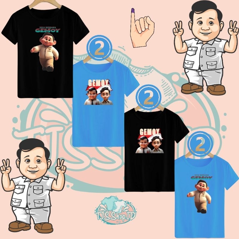 Kaos Prabowo Gemoy Anak / Baju Gemoy Prabowo Gibran / Kaos AI Prabowo Gibran 1-10 Tahun Bahan Katun 