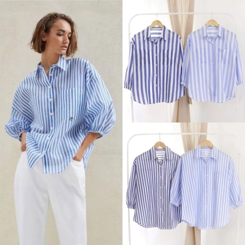 Kemeja Wanita Salur Katun Import Lengan Balon