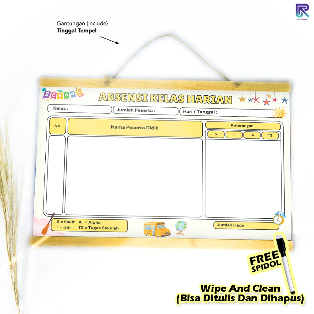 

RHA GALLERY Planner Sekolah Absensi Kelas Harian Siswa Wipe And Clean List Jadwal Tulis 32x48 CM