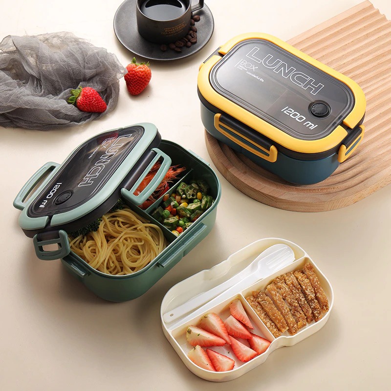 Kotak Makan Anti Tumpah Lunch Box Double Layer 3 Grid 1.2L