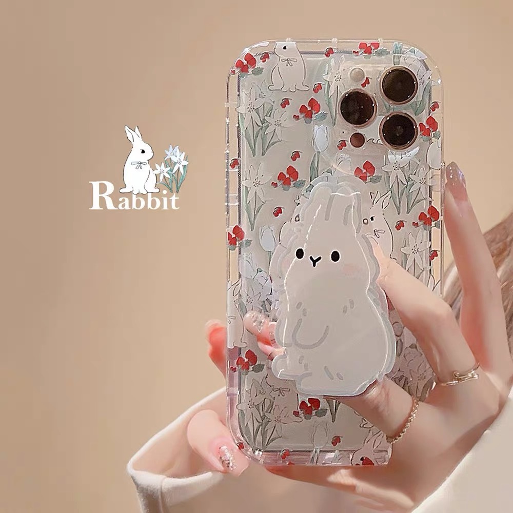 Casing HP iphone Kelinci Bunga+ Holder Korea Cocok untuk Iphone13 Apple 14 Casing Ponsel 11 Gadis Lu
