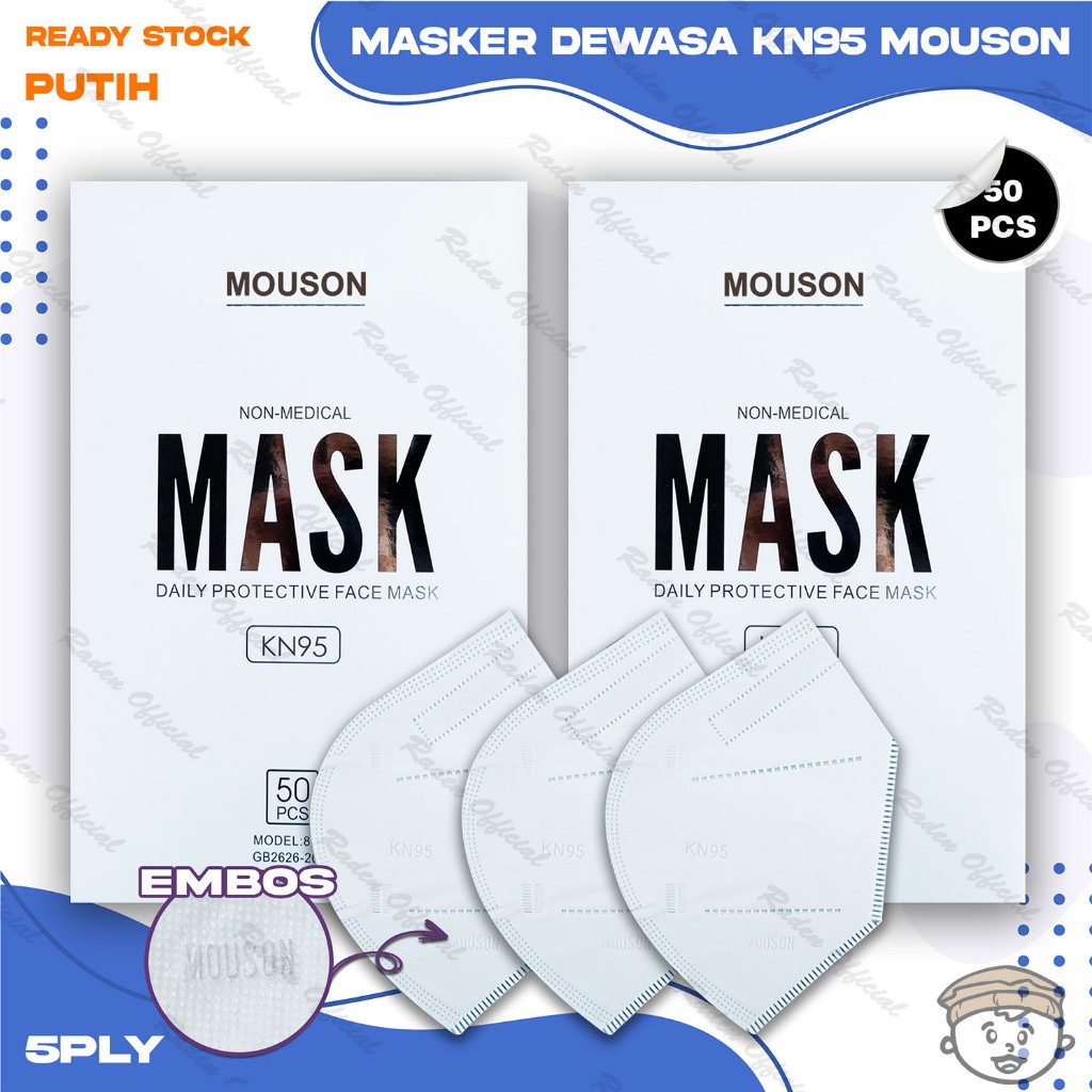 Masker KN95 MOUSON 5Ply Isi 50Pcs Warna Putih White KN 95 5 Ply Earloop Surgical Mask Kemenkes