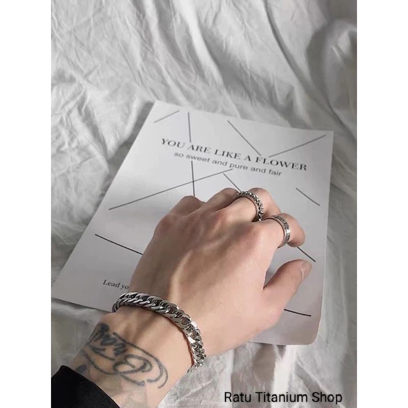 Gelang Tangan Titanium Asli Model Rantai dabel Pria Kece