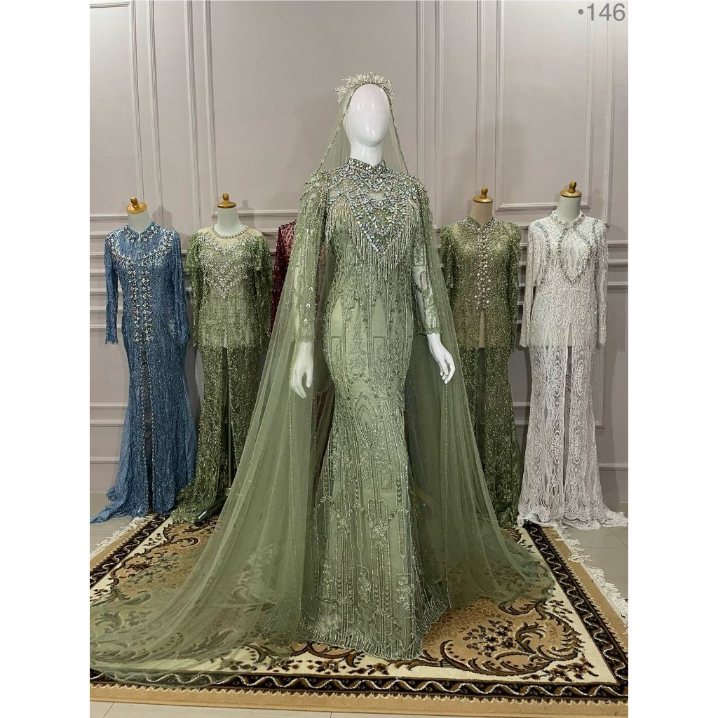 KEBAYA/GAUN PENGANTIN WANITA MODERN HIJAU SAGE PREMIUM