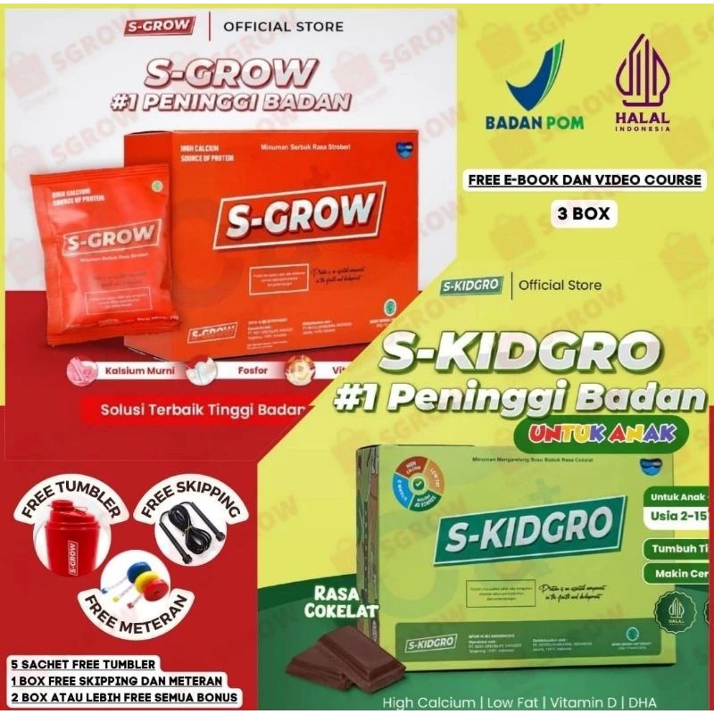 S-GROW - S-KIDGRO Susu Suplemen Peninggi Badan 100% Original BPOM 3 Box ( Free Skipping &amp; Meteran )