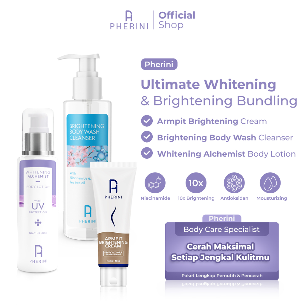 Paket Putih Glowing Lengkap - Pherini Brightening Body Wash Cleanser + Pherini Armpit Brightening Cream + Pherini Whitening Alchemist Body Lotion