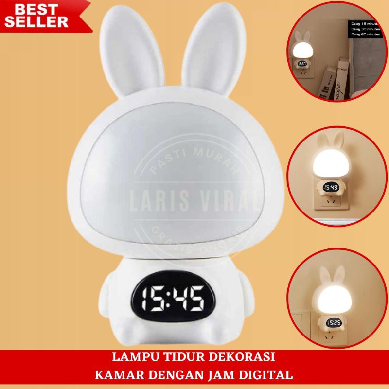 Lampu Tidur LED Model Kelinci Dekorasi Kamar Dengan Jam Digital Remot Kontrol