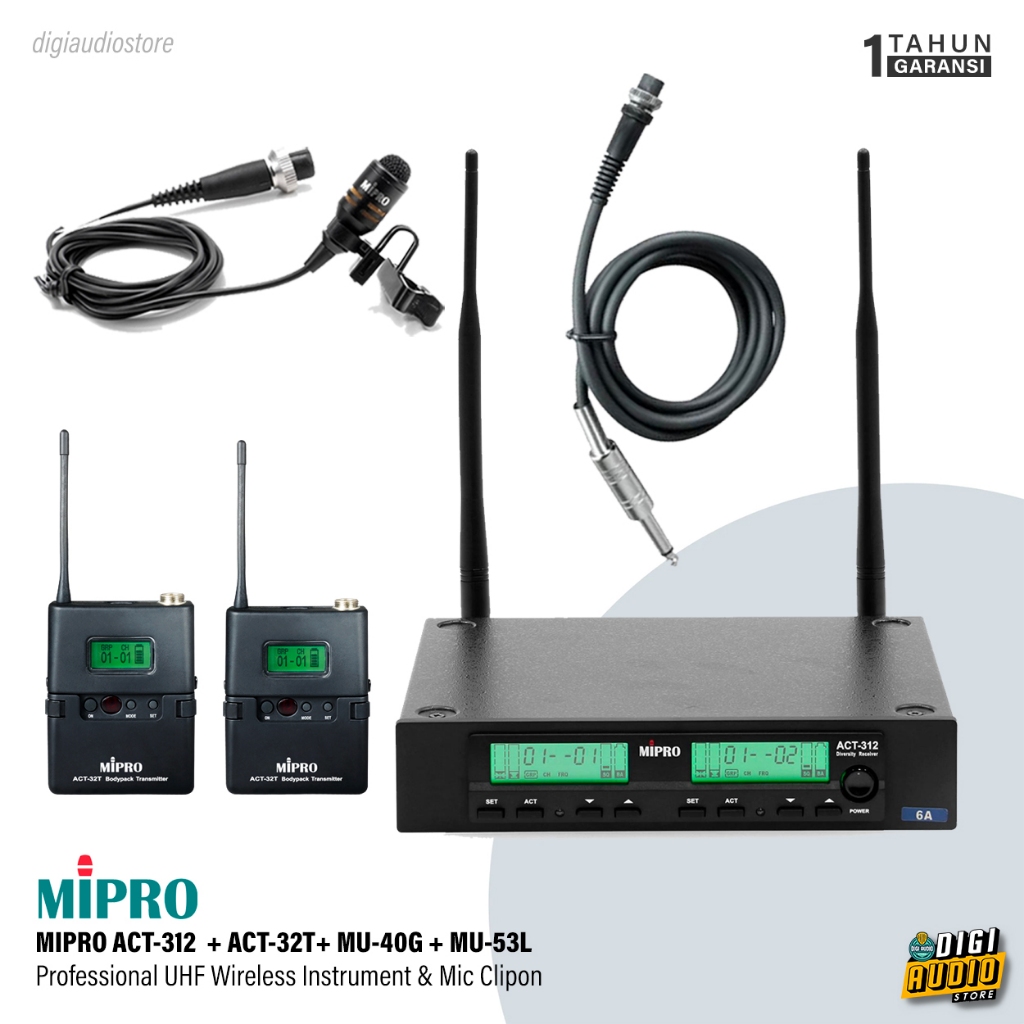 Mic Wireless Clipon & Intrument Gitar Bass Biola MIPRO ACT-312 Receiver 2 Channel  - Microphone Clip