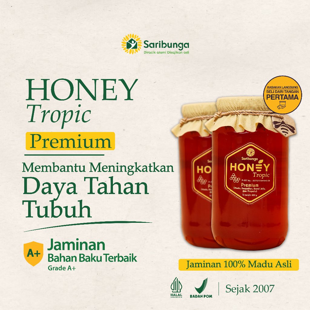 

Honey Tropic Premium Merk Saribunga Grade A+ - madu murni asli 100% original tanpa campuran