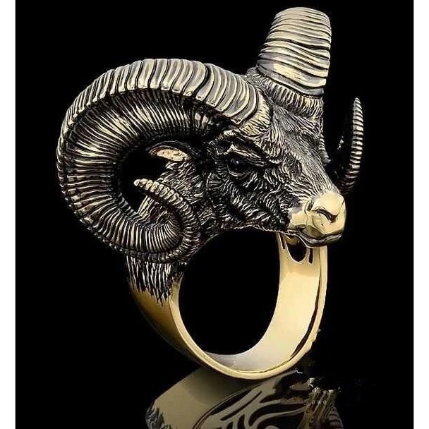 Cincin Tanduk Kambing Gold / Cincin Kepala Domba Unik Keren Warna Emas / Cin Cin Dewa Tengkorak Kamb