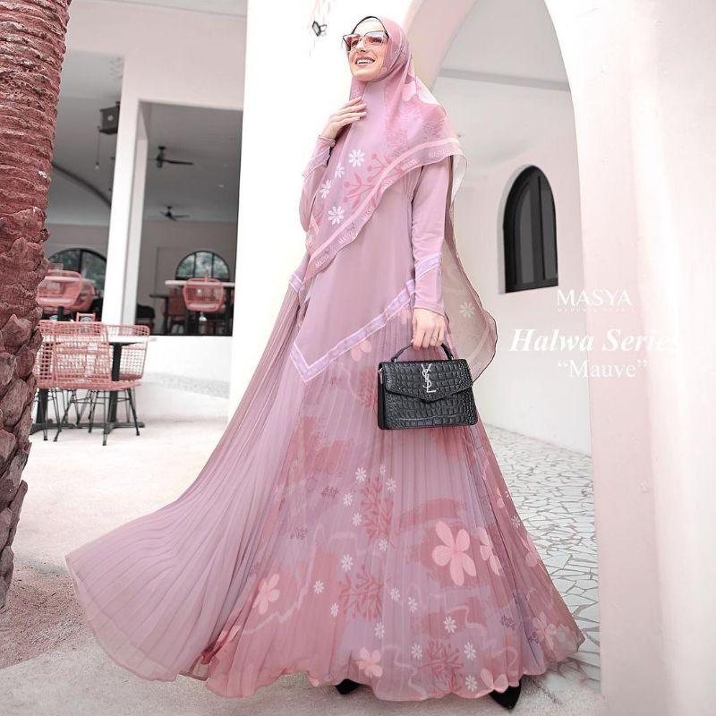 Set Gamis Dress Ceruty Babydoll Printing Premium Syari Branded Merah Maroon - Broken White - Ungu - 