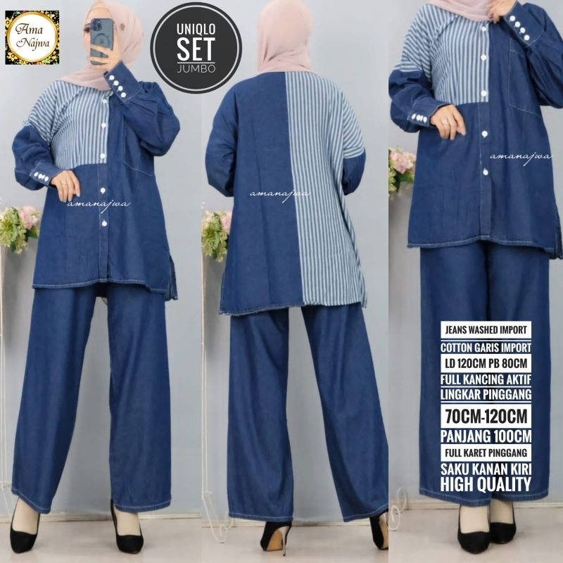 Unique One Set Setelan Celana Kulot Blouse Jeans Mix Katun Ld 120 Jumbo Fit XXXL Busui Kancing By Am