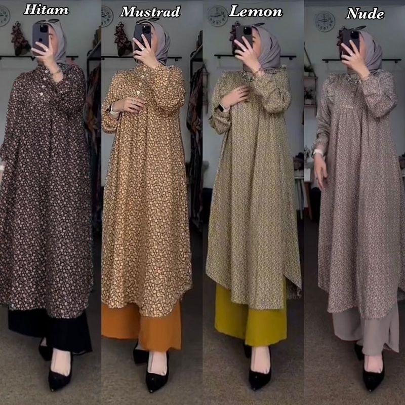 NEW SET LONG SABRINA TERLARIS SETELAN TUNIK WANITA MOTIF BUNGA KECIL VIRAL