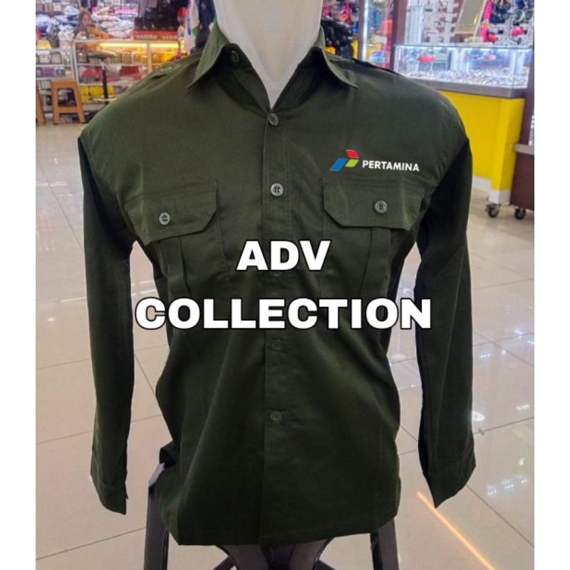 Kemeja Pertamina Seragam Pertamina Hijau Army PDH Lengan Panjang Pria Bordir