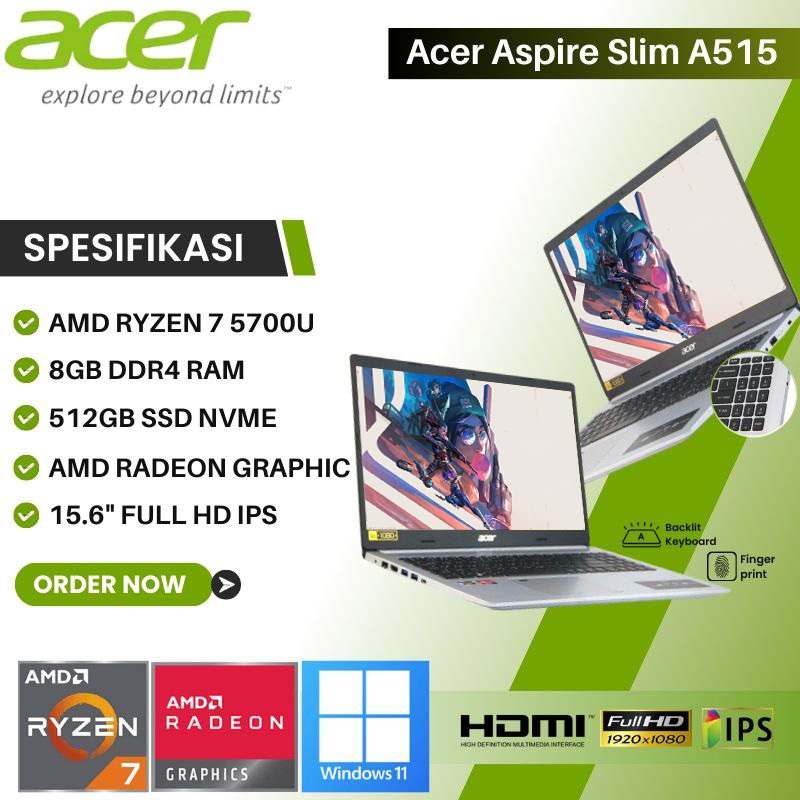Laptop Gaming Acer Aspire 5 A515-45-R958 RYZEN 7 RAM 8GB SSD 512GB 15.6 IPS WINDOWS 11 ORI