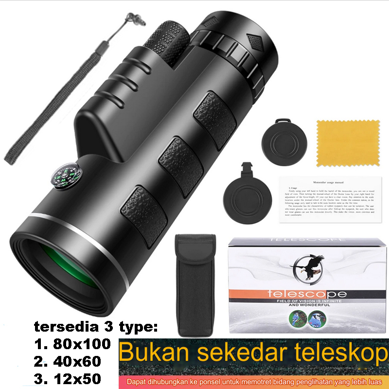 Kamera Lensa Teleskop Handphone Teleskop Monokuler standart paket 80x100 40x60 12x50 HD Daya Tinggi