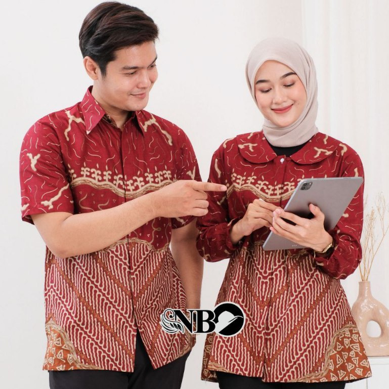 Baju Batik Meylika Red Merah Maroon Couple Lengan Pendek Katun Batik Kerja M L XL XXL