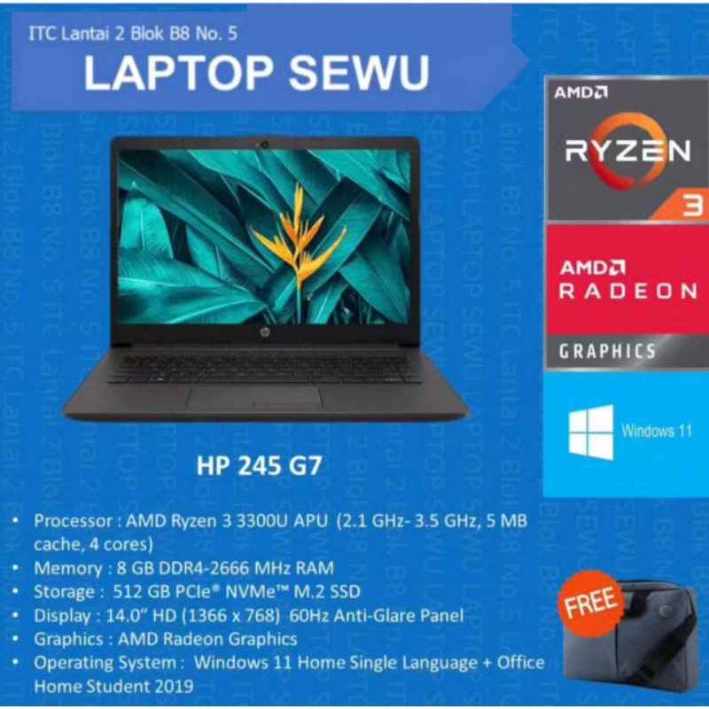HP 245 G7 AMD RYZEN 3-3300 RAM 4GB SSD 256GB VEGA 6 14"HD WIN 11