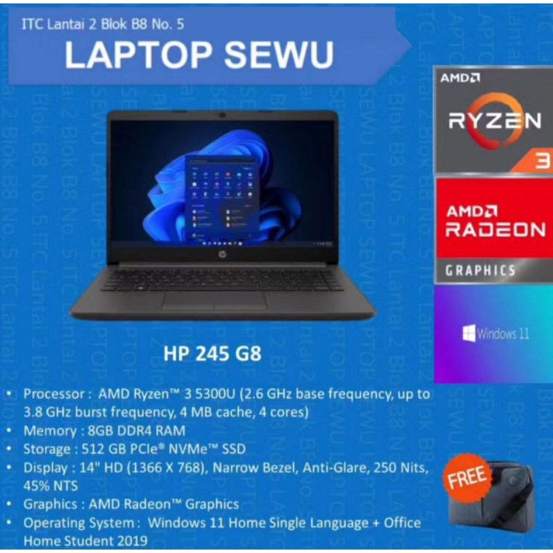 HP LAPTOP 245 G8 RYZEN 3 5300u 8GB SSD512GB RADEON WIN 11 BARU