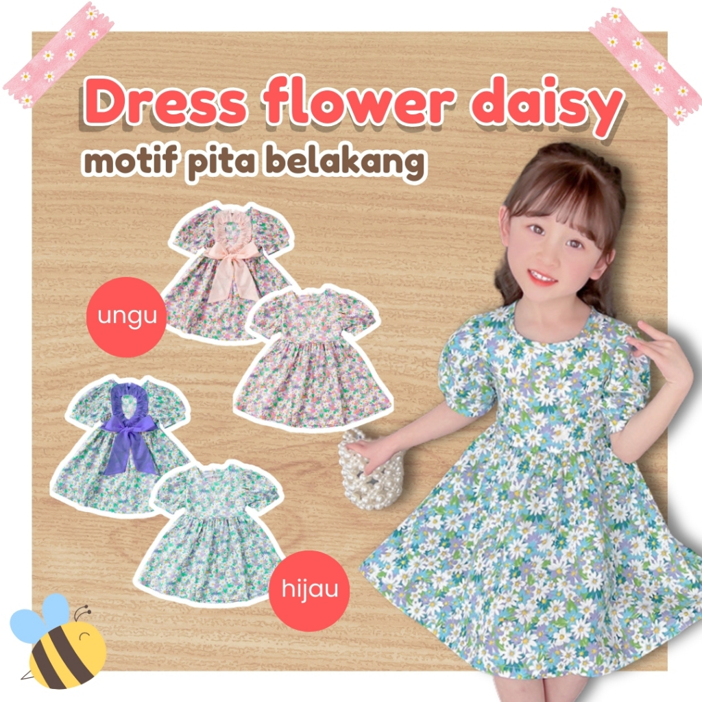 【HONEY.BABY】Daster Anak 1-9 Tahun Dress Sirkulasi Flower Daisy Pita Belakang Baju Anak Perempuan Man