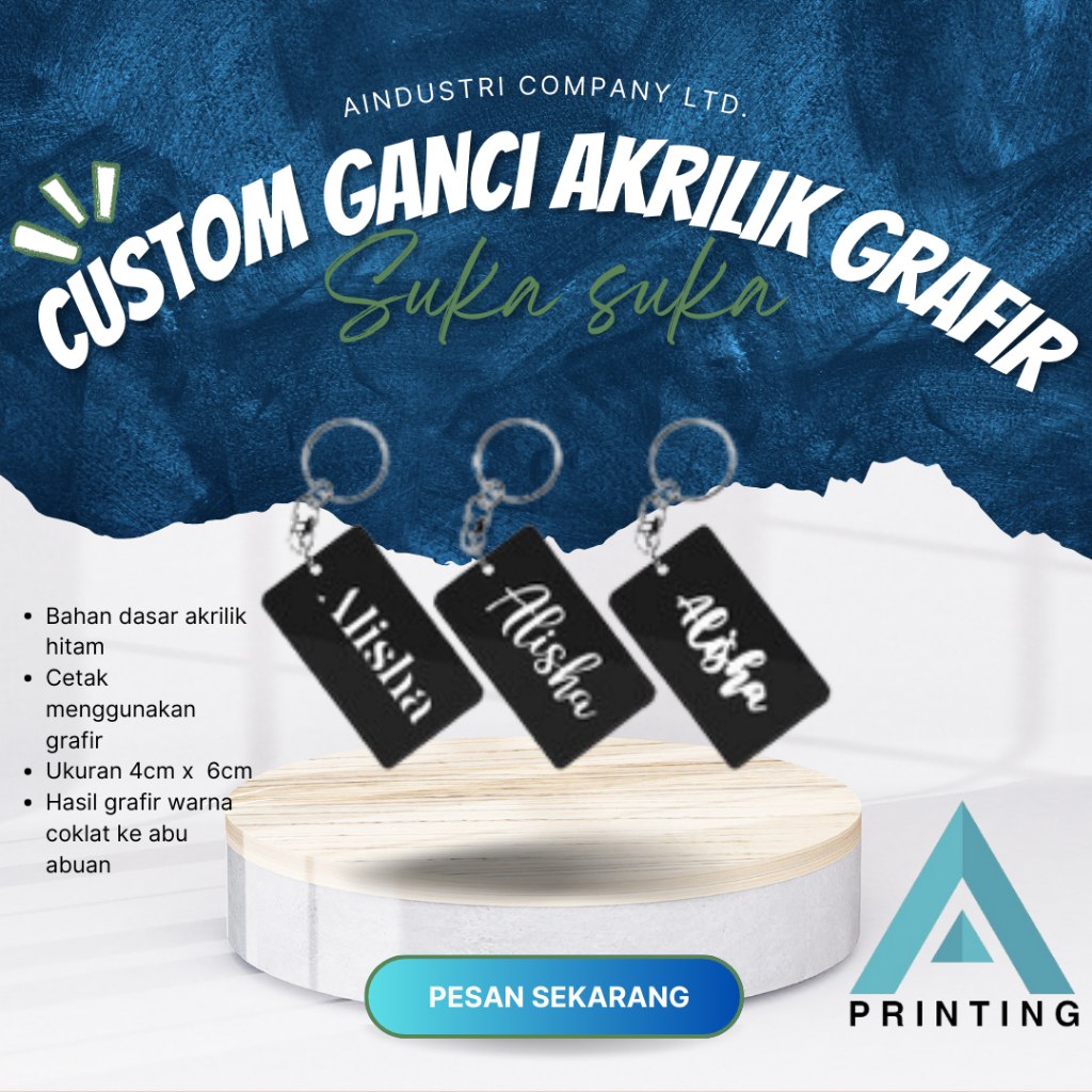 GANTUNGAN KUNCI  KOTAK CUSTOM GRAFIR BAHAN AKRILIK HITAM / GANCI CUSTOM