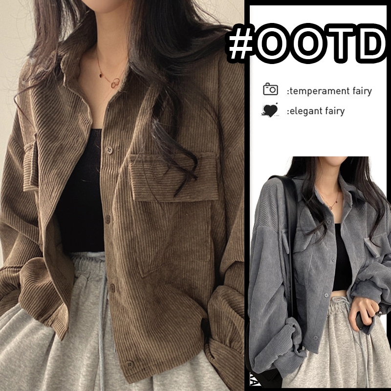OORA mantel pendek wanita Jaket cardigan model korea terbaru Jaket kemeja coklat lengan panjang