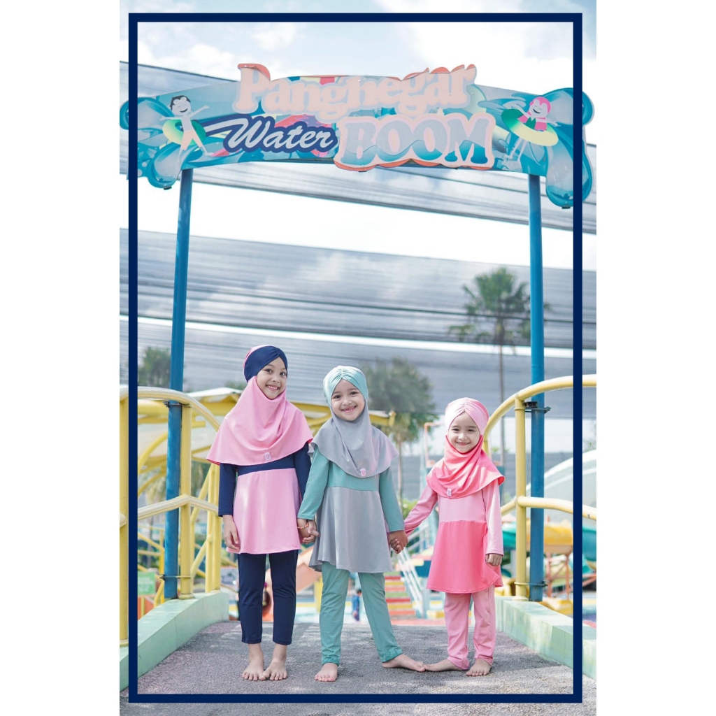 BAJU RENANG ANAK PEREMPUAN JILBAB MUSLIM SYARIAH KERUDUNG FULL SET SIZE S, M, L WARNA NAVY PINK