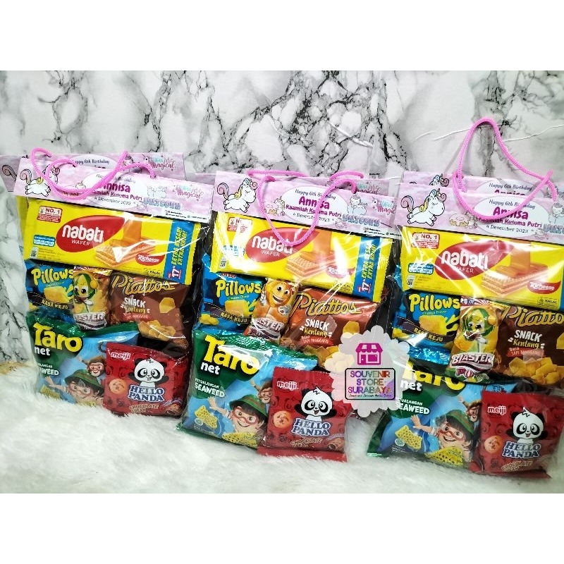 

Bingkisan Ulang Tahun mermaid || Custom label ultah || Paket snack hellopanda || Snack ultah anak surabay