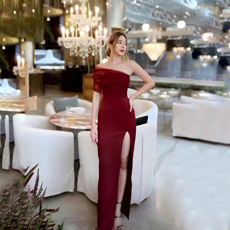 GWYN GOWN - Gaun pesta wanita party dress elegant classy sexy maxi slit dress one shoulder tulle sab