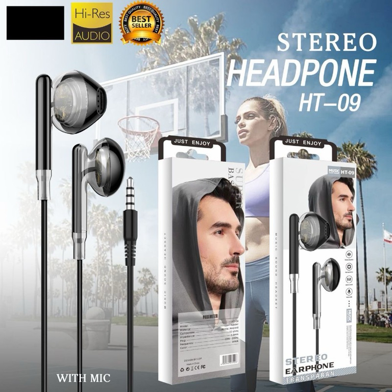 Headset Transparan + Mic Handsfree SN In Ear Super Bass HF earhone HT06 HT07 HT08 HT09 HT 09 grosir headset branded