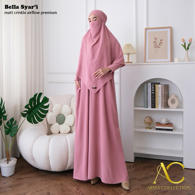 Gamis bella syar’i/gamis abaya set/gamis umroh polos cadar/gamis terbaru/crinkle airflow premium/ori