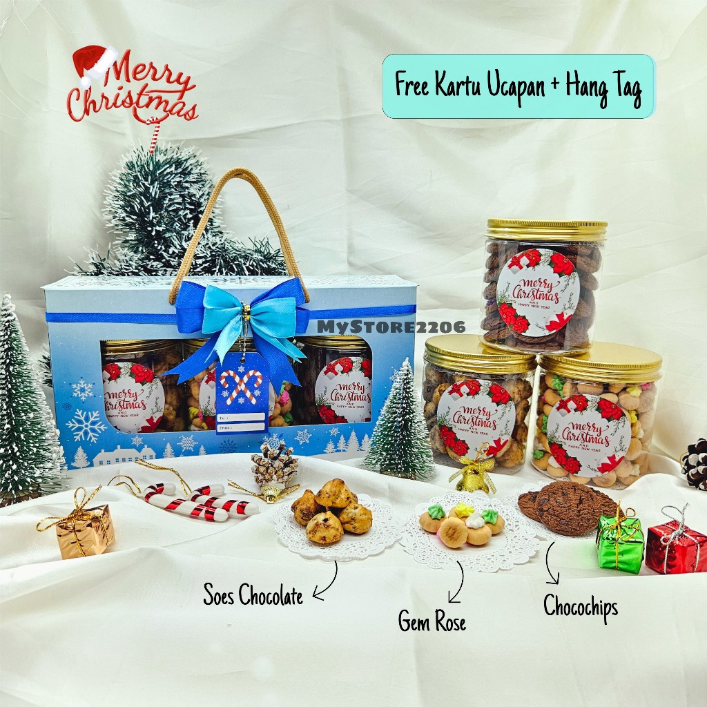 

Bisa COD Hampers Parcel Natal 223 Cookies Kue Kering Choco Chips Gem Rose Soes Chocolate 3 Jar 6ml Hampers Merry Christmas grosir